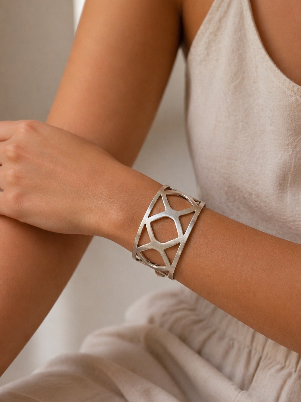 Kenilworth Prototype Brushed Silver Geometric Cuff Bracelet